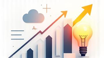 Abstrakt bilde som representerer startup-forretningsstrategi, med grafer, piler og en glødende idepære.